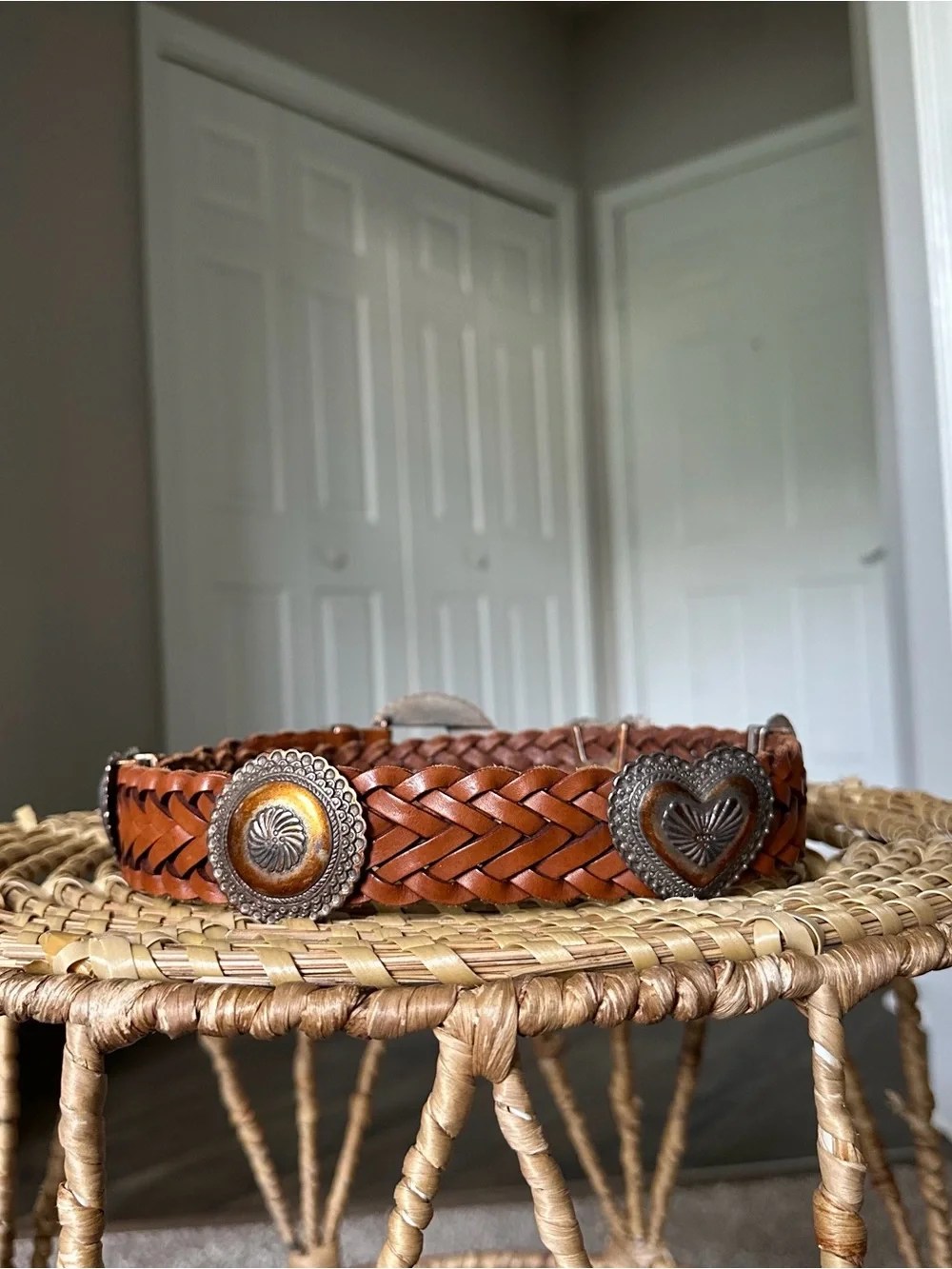 Brighton Braided Leather Belt with Heart Conchos in Chestnut Brown and Silver